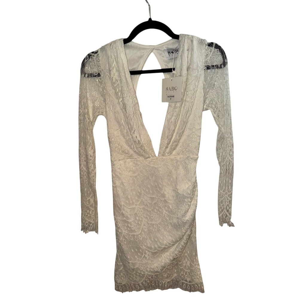 Sabo Skirt White Lace Mini Dress‎ V-Neck Long Sleeve SACZ0048D Size 8 NWOT